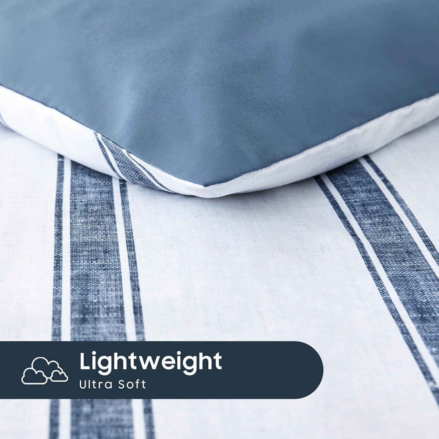 Wake In Cloud - Striped Comforter Set, Farmhouse Coastal Style with Vintage Ticking Vertical Stripe Pattern, Soft Lightweight Bedding, 3-Piece, Navy Blue, Full Size