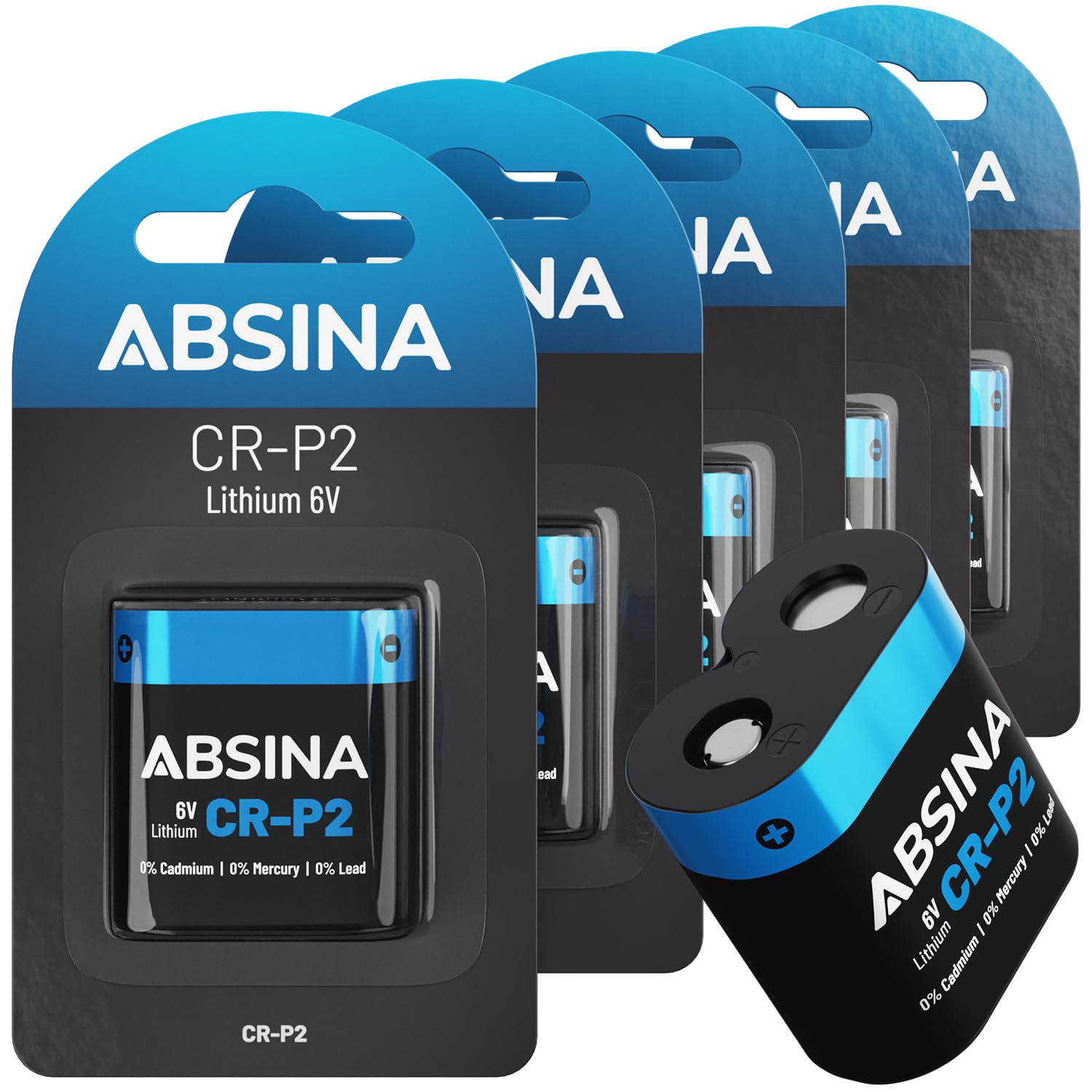 ABSINA 5X Pile CRP2 Lithium 6V - Pile CR P2 pour Distributeur, Appareil Photo, Flash, détecteur de Mouvement & Plus - Anti-Fuite, Longue Conservation - CR-P2 Piles 6V