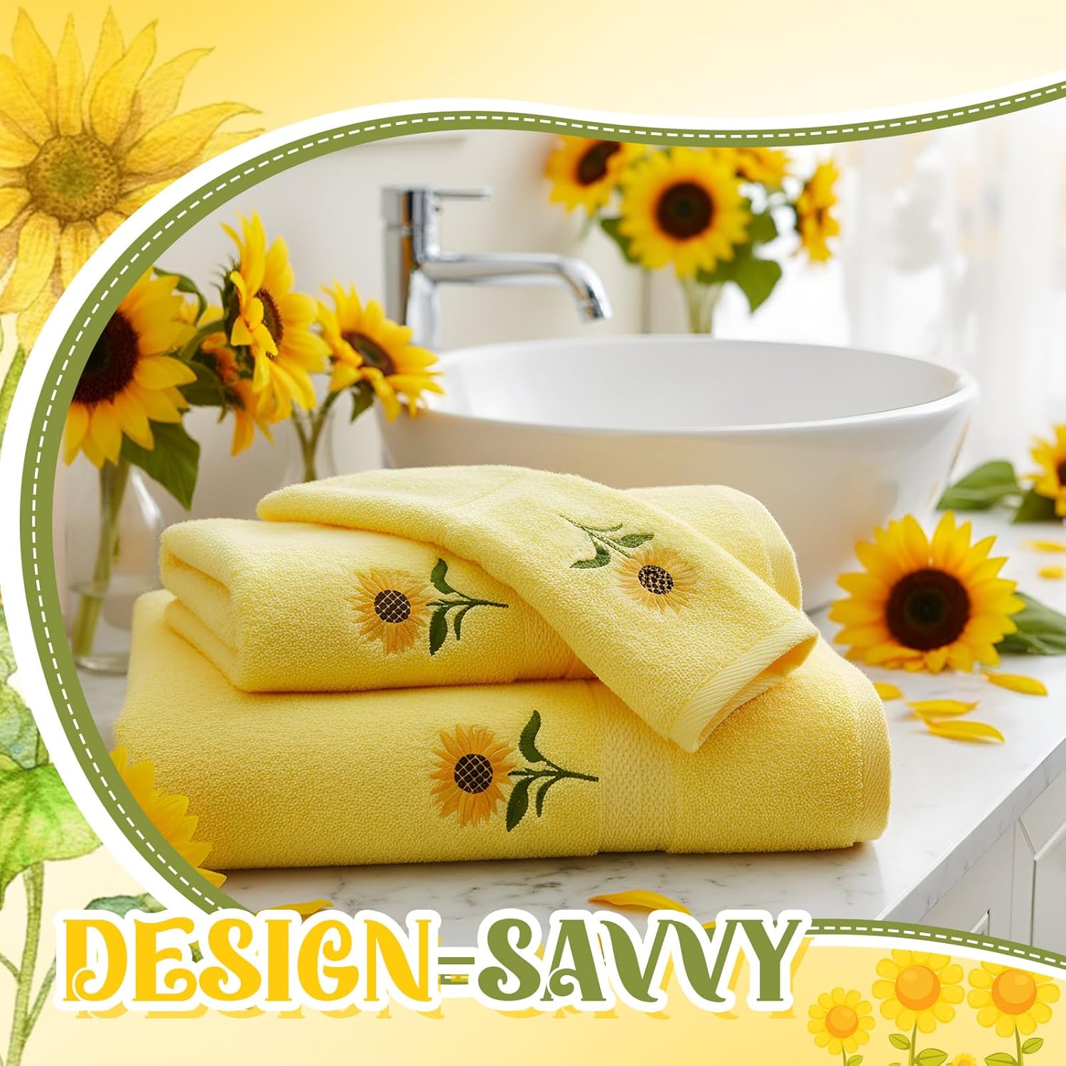 Peryiter 6 Pack Cotton Sunflower Bath Towels Set Spring Summer Yellow Towels for Bathroom, Soft and Absorbent, Contains 2 Bath Cloth, 2 Hand Cloth and 2 Wash Cloths - Image 4