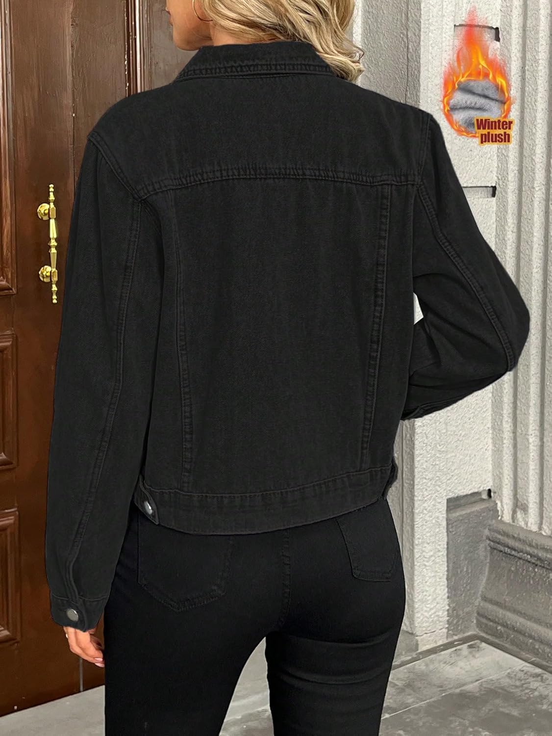 Fleece lined Denim Jacket Trendy Velvet Cropped Long Sleeved Denim Jacket Warmth and fashion Trucker Coat Winter - Image 4