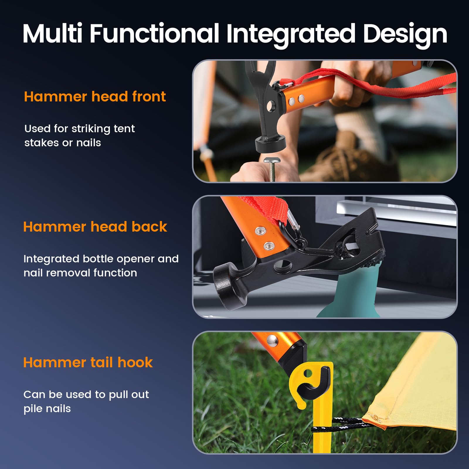 Camping Hammer Zelthammer mit Heringsauszieher Handschlaufe Robuster Zelt Hering Hammer für Zelt, Hartboden, Outdoor(Orange)