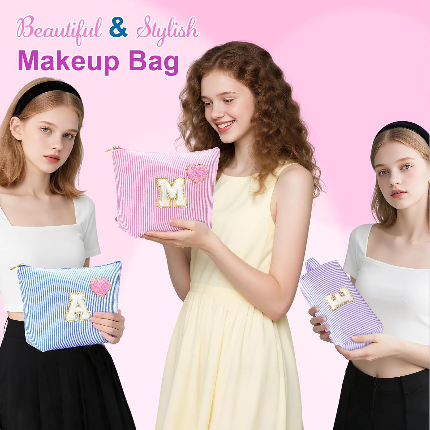 Initial Makeup Bag Personalized Preppy Cosmetic Bag Trendy Toiletry Travel Bag For Teen Girls Kids Women Letter Makeup Pouch Purse Holiday Gifts Birthday Christmas Gifts 2pack (A, Purple) - Image 4