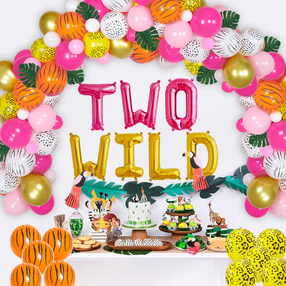 Jungle Theme 2nd Birthday Party Supplies for Girls - Two Wild Birthday Decorations 80 Packs Safari Balloon Garland Arch Kit Pink Rose Red with Green Artificial Palm Leaves