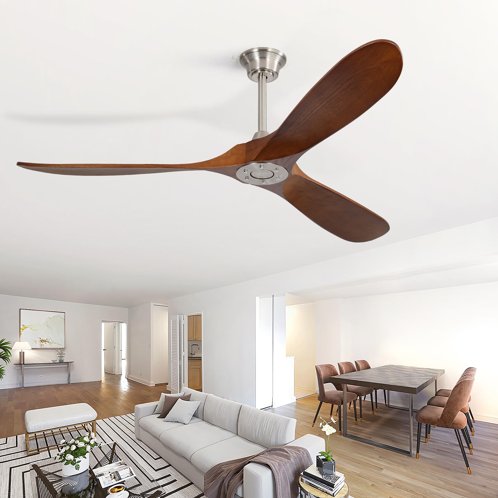 CACI Mall 60" Ceiling Fan no Light, Outdoor Ceiling Fans for Patios Without Lights, Remote Control, Solid Wood 3 Blades, Quiet, Indoor Ceiling Fan for