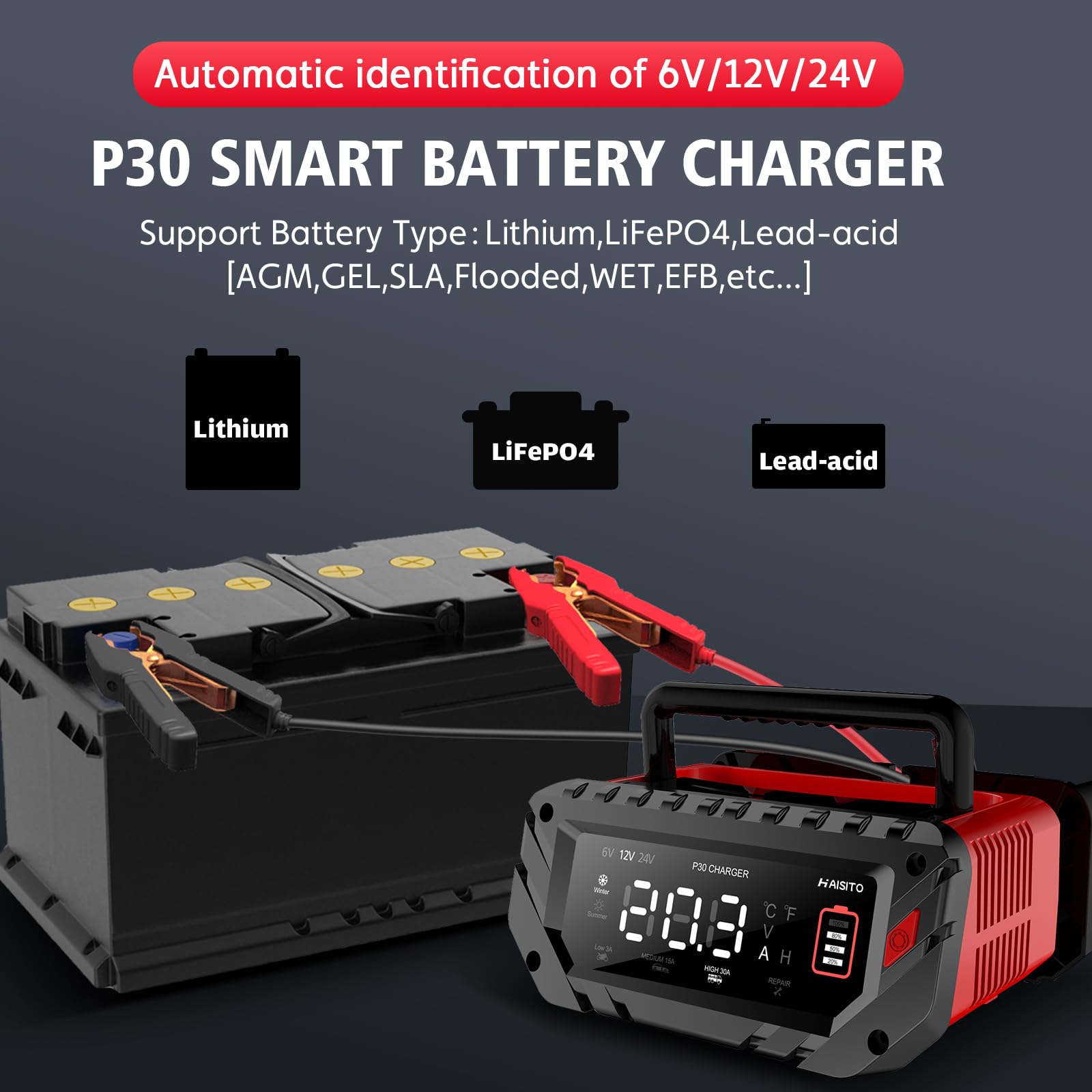 Cargador de batería de coche P30 de 6 V/12 V/24 V, carga rápida inteligente para baterías de iones de litio LiFePO4 de plomo-ácido (AGM, gel, EFB, etc. ), adecuado para vehículos, barcos, maquinaria