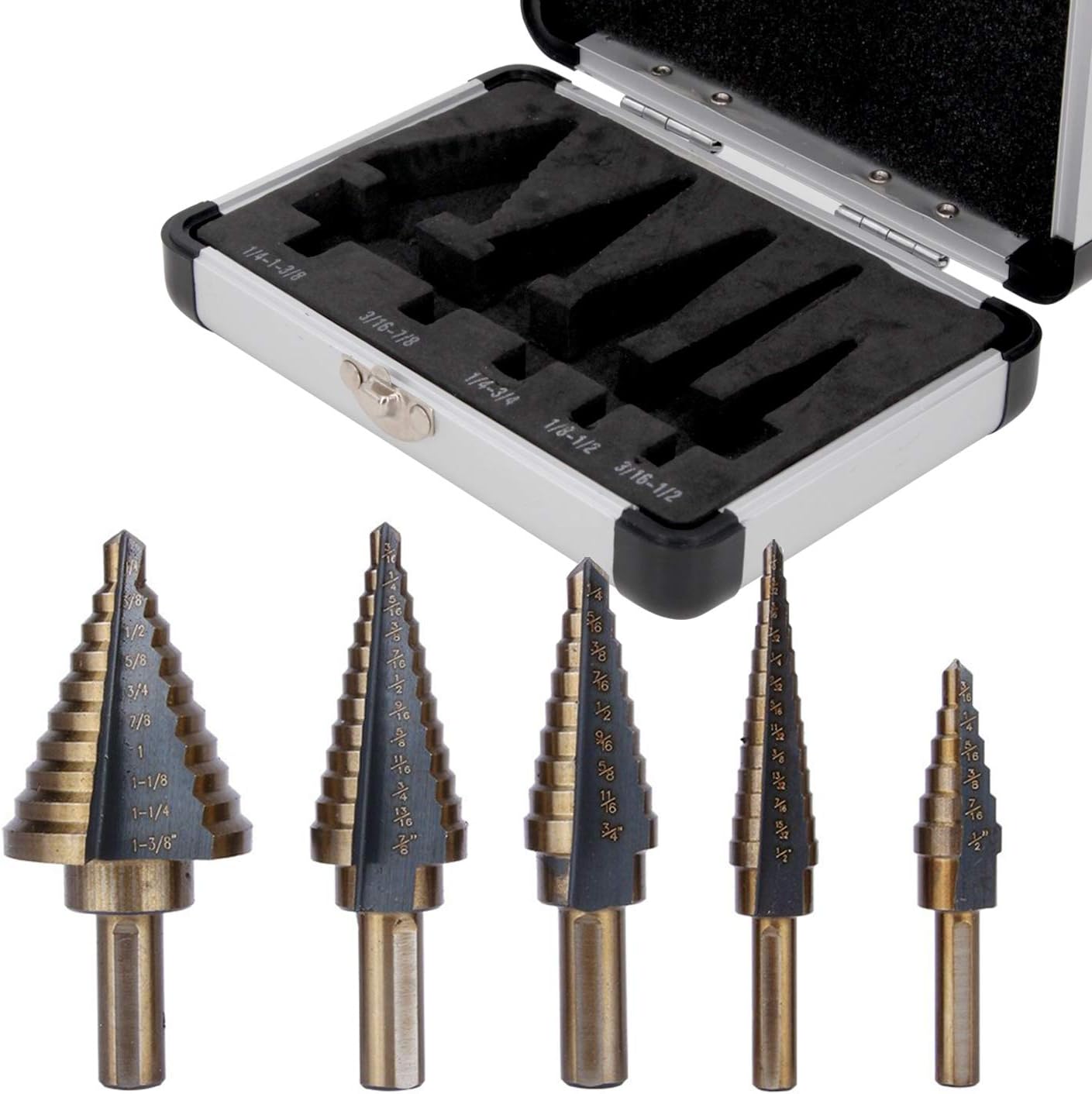 Step Drill Bit Set, 5 Pcs 50 Sizes Cobalt Step Drill Bits for Metal, Wood, Plastic Sheet, Stainless Steel Metric Step Drill Bit, Titanium Stepped Drill Bits
