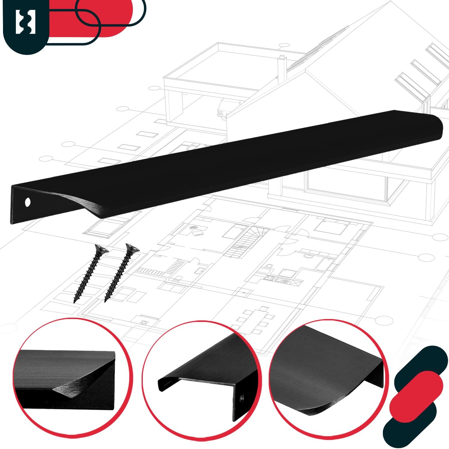 KOTARBAU ZnAl - Set di 6 maniglie per mobili, 340 mm, nero opaco, maniglie a vite posteriori, maniglie per cassetti, cucina, moderno