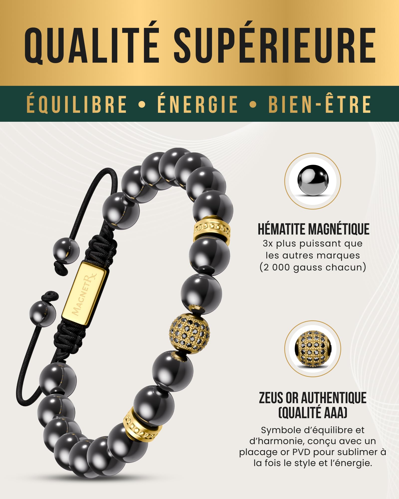 MagnetRX® Bracelet En Hématite Perlé Unisexe - Bijou Aimanté En Pierres Naturelles Hematite 8mm Méditation - Longueur Réglable (Perle Zeus dorée de 8 mm)