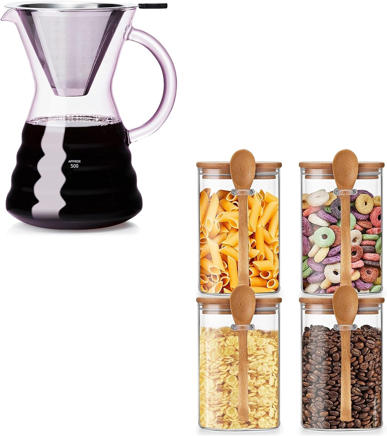 Unbreakable Pour Over Coffee Maker and 4Pcs Glass Jars Set