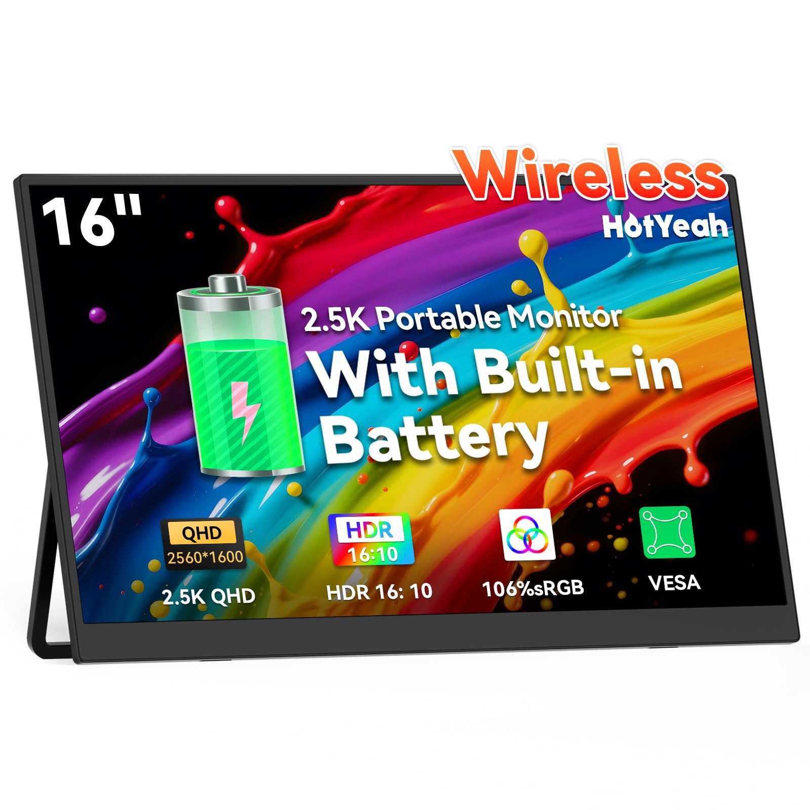 Photo 1 of 16" 2.5K Wireless Portable Monitor Battery-Powered, Support AirPlay Miracast, 2560×1600P IPS USB-C HDMI External Monitor, 2nd Screen for Laptop MacBook PC Phone Tablet, w/Built-in Battery(4- 5H)