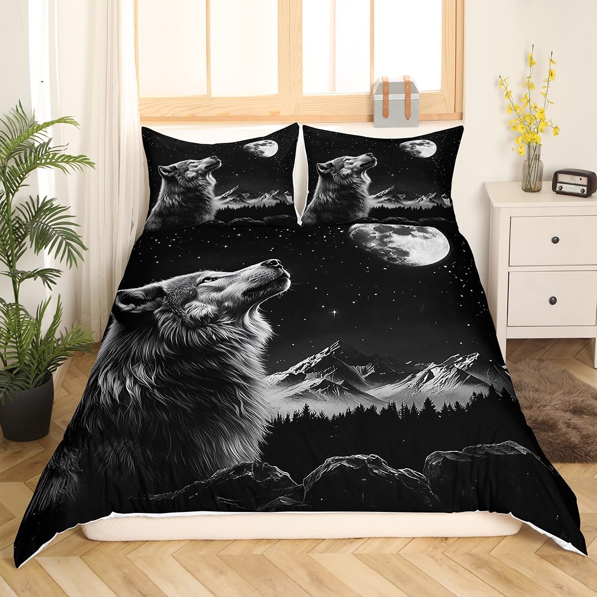 meiyoeat Wolf Bedding Set Toddle Size Mooon Comforter Cover Set for Boys Girls Teens Universe Cloud Galaxy Duvet Cover Star Print Bedspread Cover Room Decor Animal Quilt Cover,No Comforter