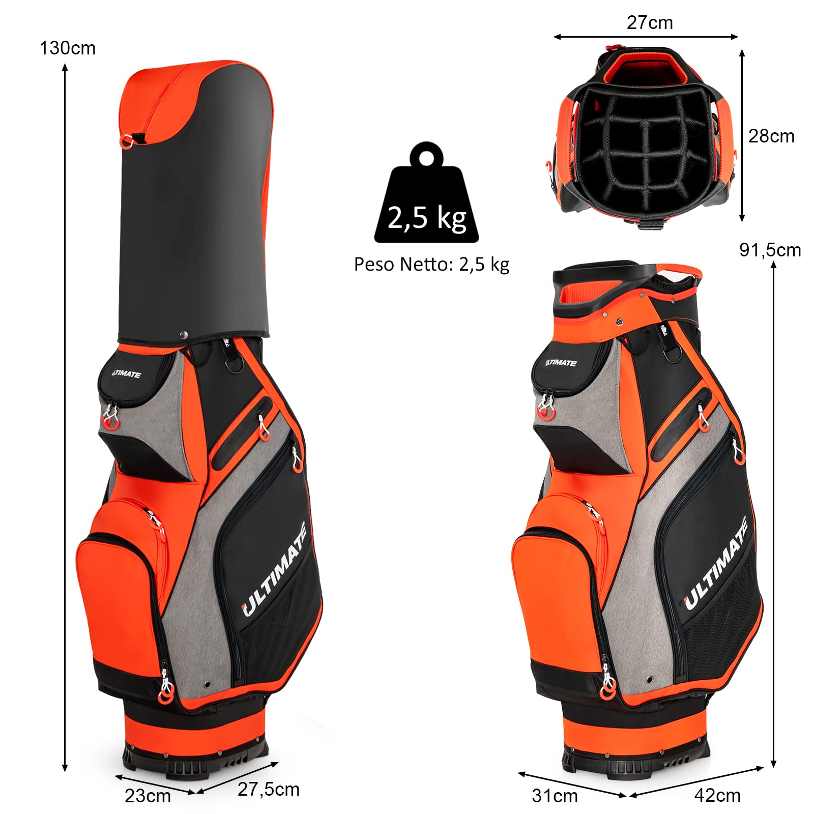 COSTWAY Borsa da Golf Portatile con 14 Divisori Superiori a Tutta Lunghezza, 7 Tasche con Cerniera, Cappuccio Antipioggia, Tracolla, Manico e Portaombrelli, Ideale per Uomini e Donne (Rosso e Grigio)