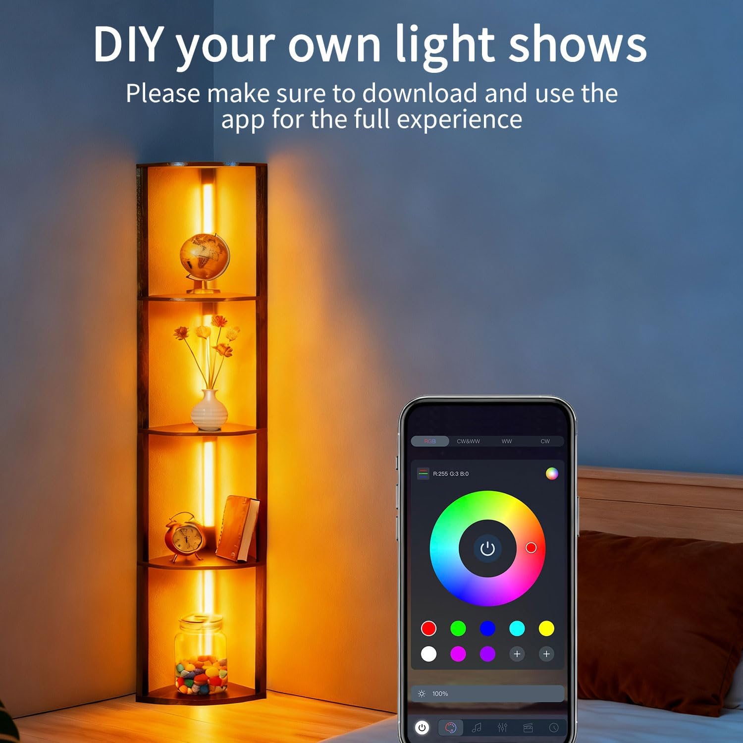 RGBCW Floor Lamp with Shelves, LED Smart Modern Floor Lamp with Music Sync, Color Changing Corner Display Shelf Lamp, Standing Lamp with Shelves for Living Room and Bedroom, Office, Black