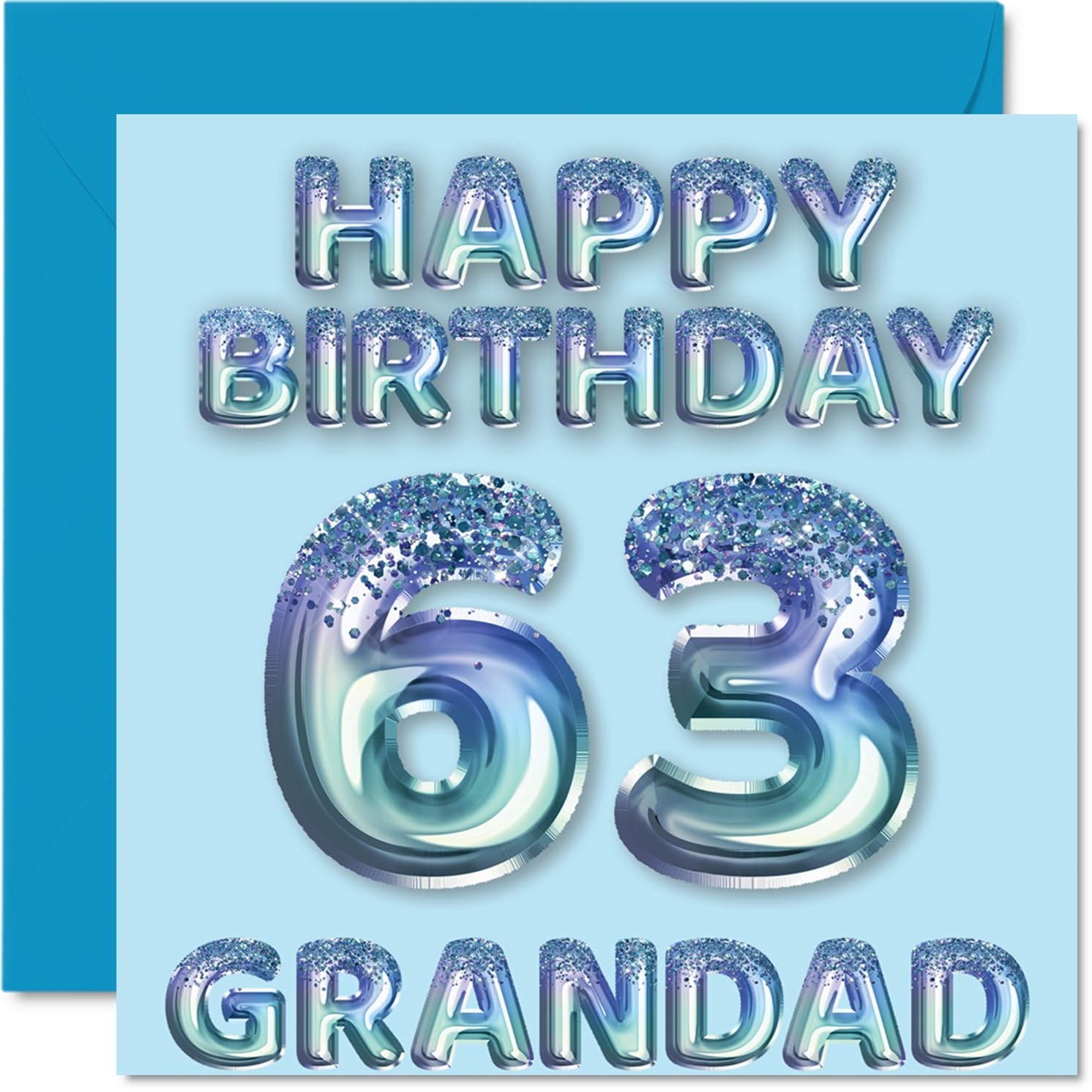 63rd Birthday Card for Grandad, Blue Glitter Party Balloons