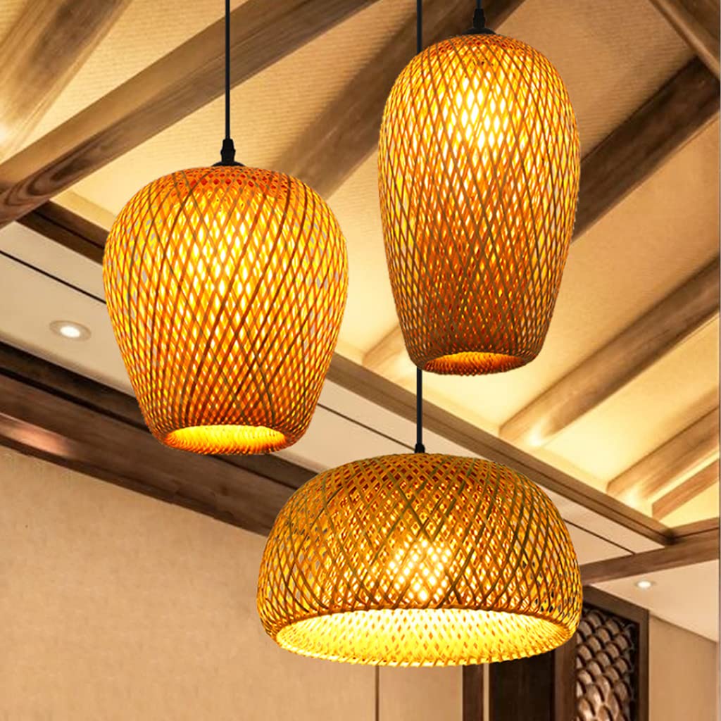 E27 Hanglamp Retro Hanglampen Natuurlijke Bamboe Hanglamp Vintage Geweven Rotan Lampenkap Kroonluchter Hoogte Verstelbare Hanglamp Verlichting Restaurant Thee Kamer Cafe Plafondlamp, 80 cm