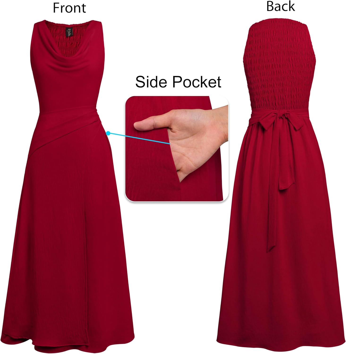 VFSHOW Womens Elegant Cocktail Wedding Guest Long Dress 2026 Smocked Cowl Neck Sleeveless Pocket Tie Waist Wrap A Line Dress