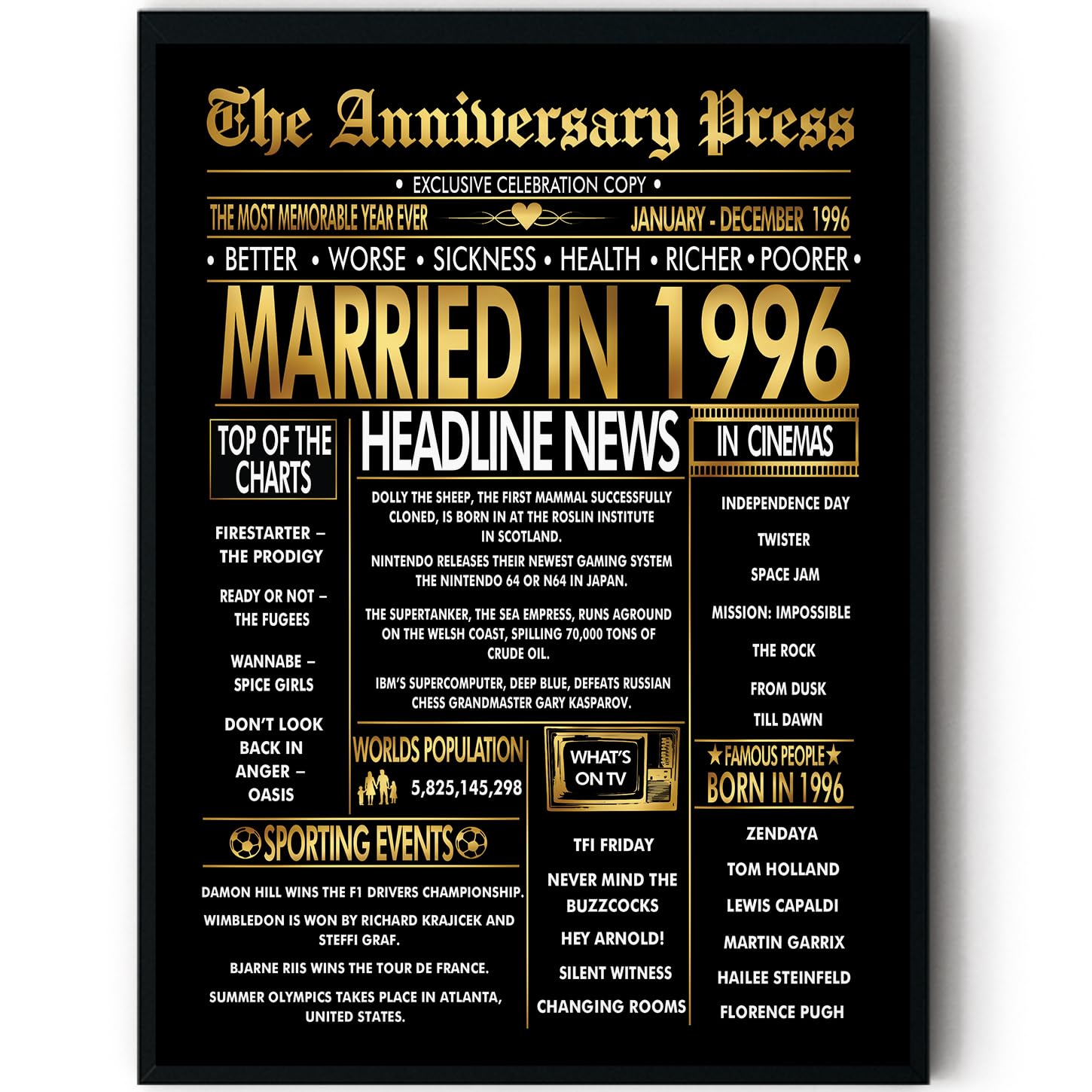 Stuff4 Gold 30th Anniversary Poster Framed - Golden Married In 1996 Newspaper - 30 Anniversary for Men Women Retro Vintage Gifts Back In 1996, 8x10 Inch Bday Party Decor Decoration