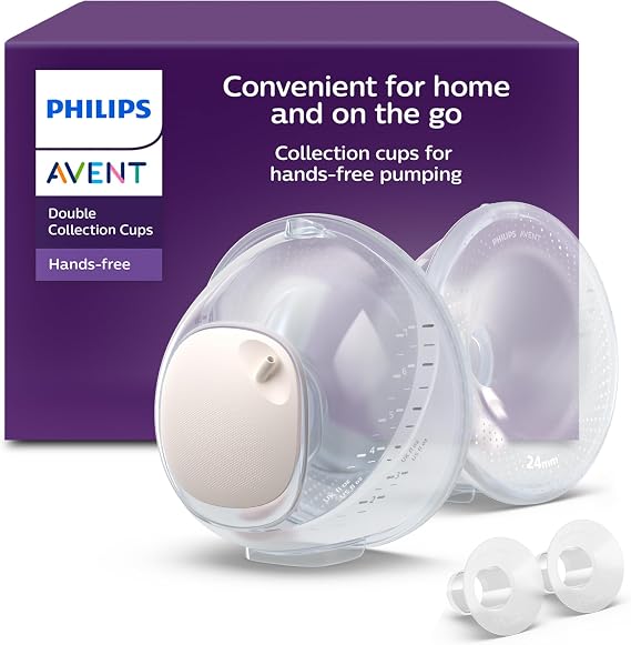 Philips Avent copas recolectoras dobles manos libres, copas recolectoras ultraligeras y transparentes para extractor de leche eléctrico, 4 protectores para el pecho (2x 21 mm y 2x 24 mm), SCF439/01