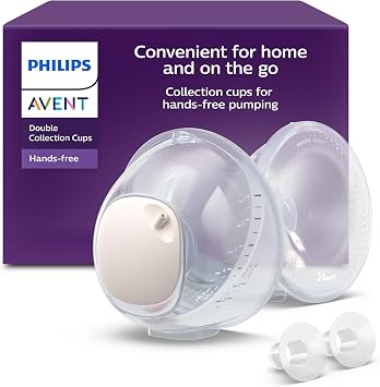 Philips Avent Hands-Free Double Collection Cups, Ultra-Light & Transparent Collection Cups for Electric Breast Pump, 4 Breast Shields 2X 21mm, 2x24mm, 2X 19mm Shield Inserts, Sizing Card, SCF439/01