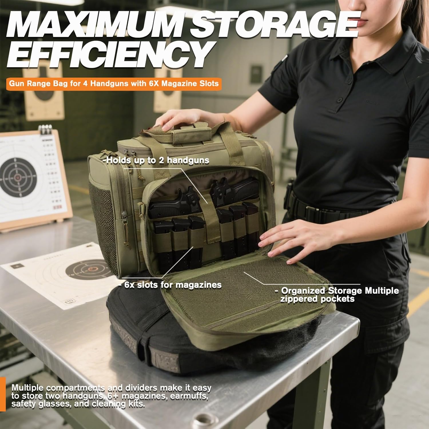 Gun Range Bag with Removable Tactical Pouch for Handguns and Ammo Pistol Case Shooting Carry Duffle Bags Large for Shooting Range Hunting Sports 4 Handguns with 6X Magazine Slots - Image 4