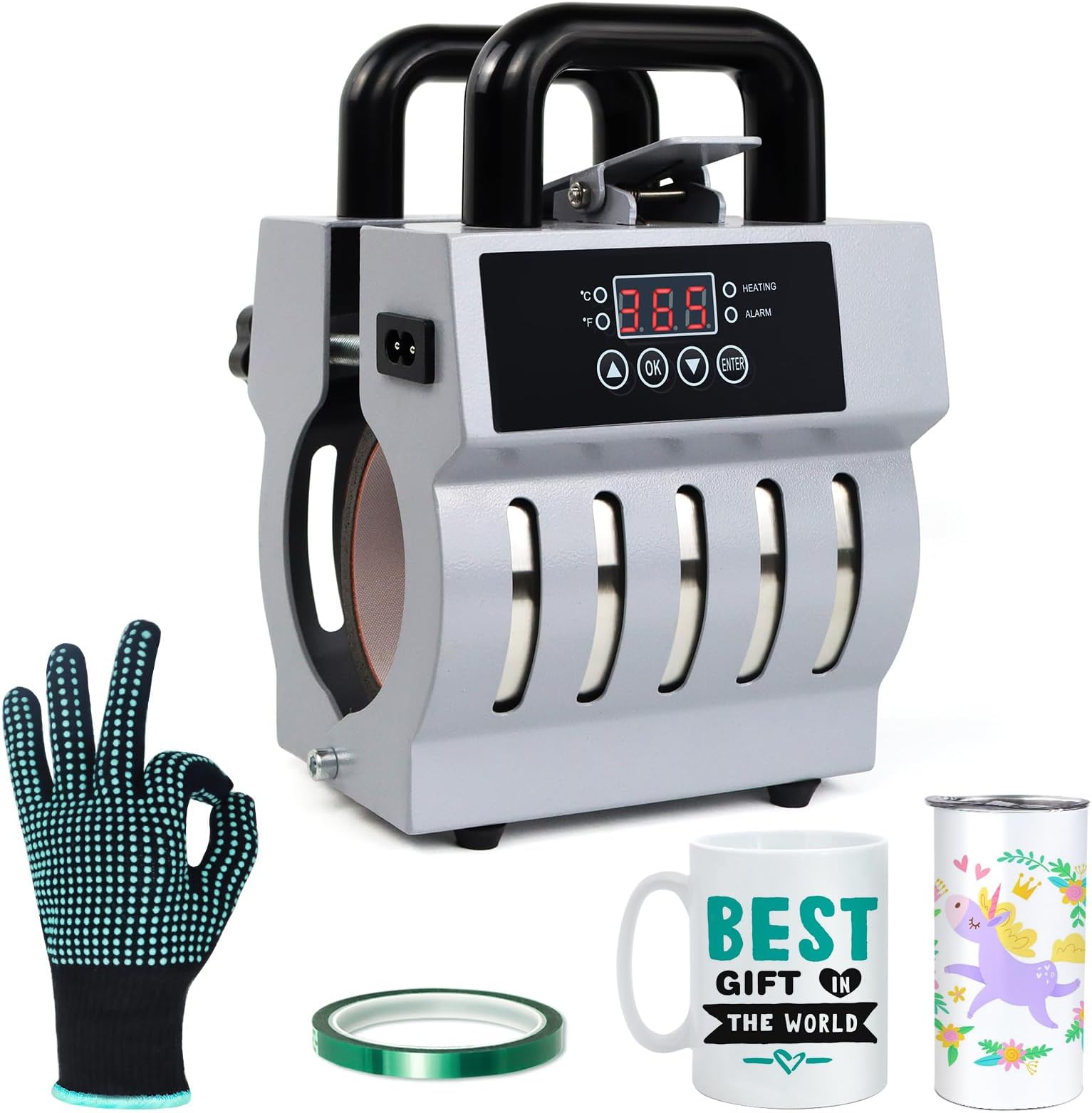 Realkant Mug Press, Upgrade Mug Heat Press Machine for 11oz-15oz Coffee Mugs 16oz Skinny Straight Cups, Mug Press Sublimation Machine Cup Heat Press Mini Tumbler Press with Heat Tape Gloves (Grey)