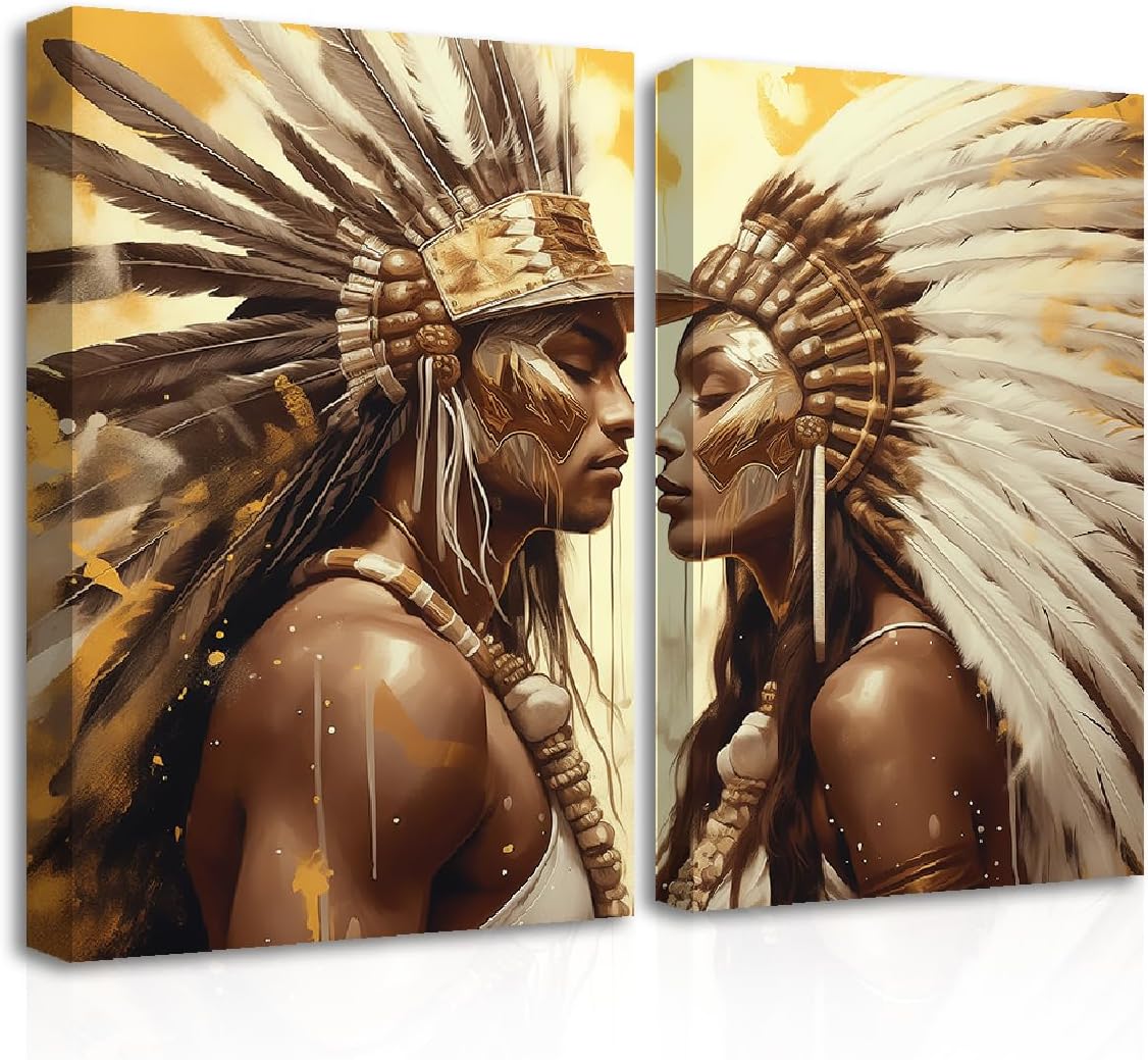 CXHOSTENT Native American Canvas Wall Art Set of 2 Vintage Feather Headdress Indians Men and Women Painting Prints Black Gold Couple Pictures Framed (A, 11.00"x14.00"x2P)
