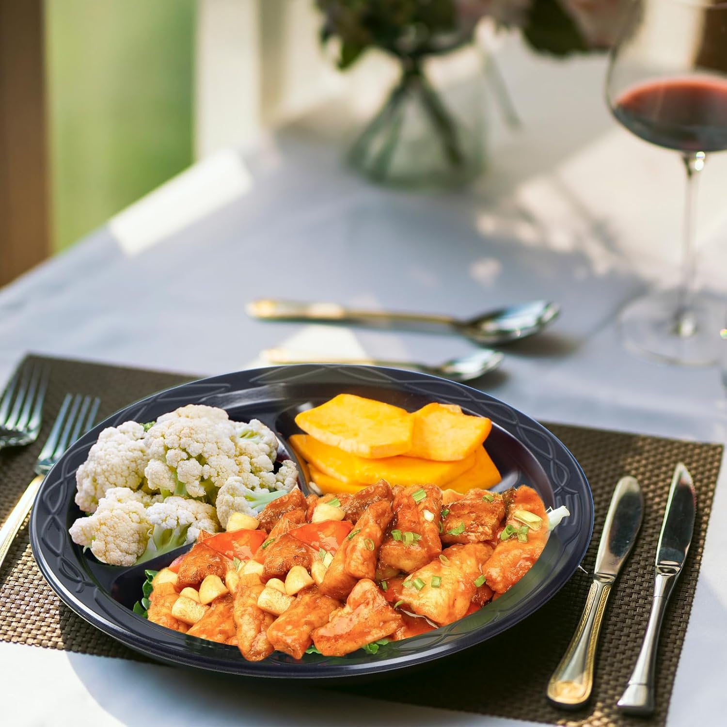 Plastic Plates BPA Free 9" 150 Pack - Shrink Wrapped Mineral Filled PP | Microwave Safe | Disposable & Reusable Food Grade Catering | Black Commercial Heavy Duty 3 Compartment Party Trays