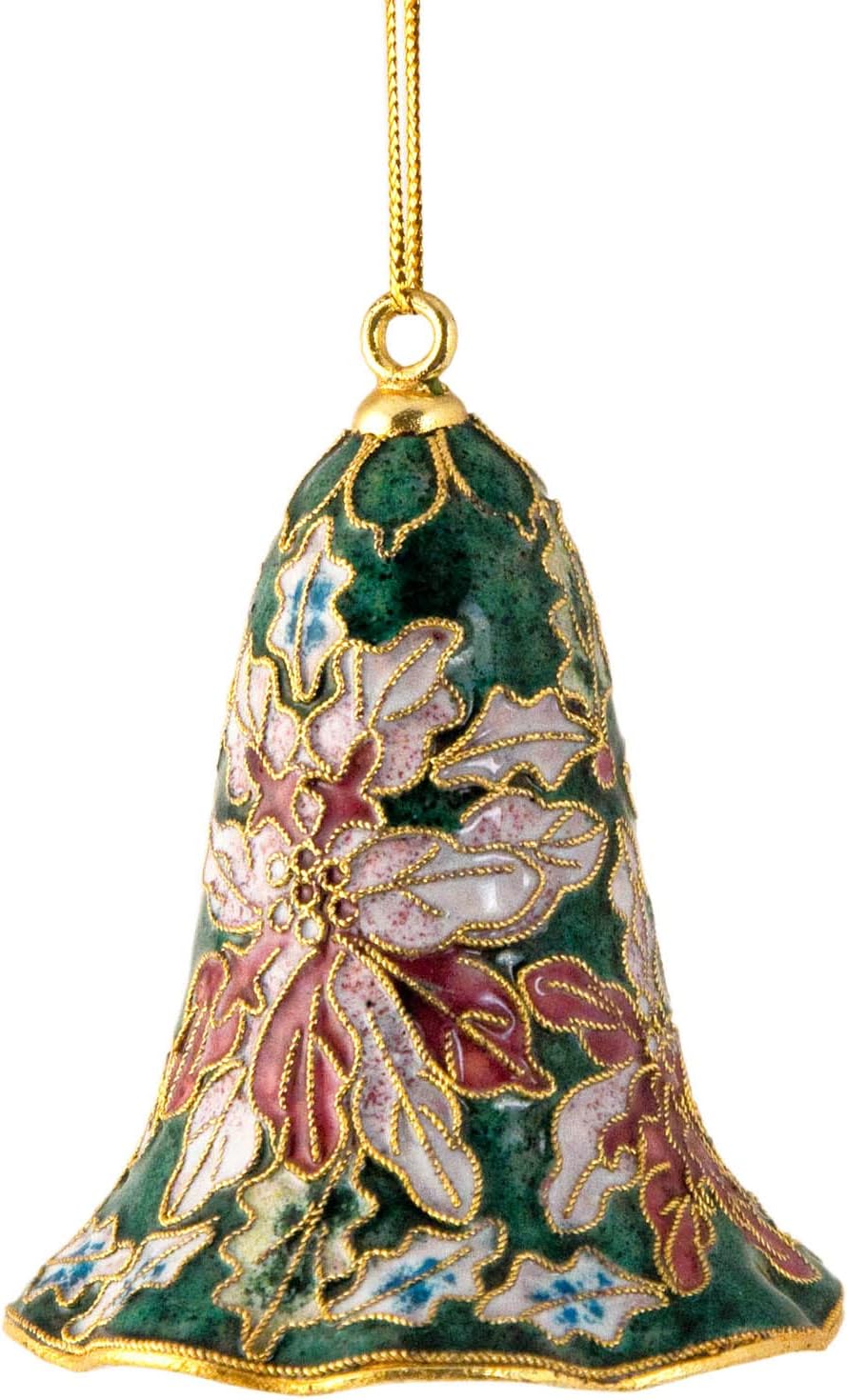 Value Arts Handmade Cloisonne Green Poinsettia Bell Ornament