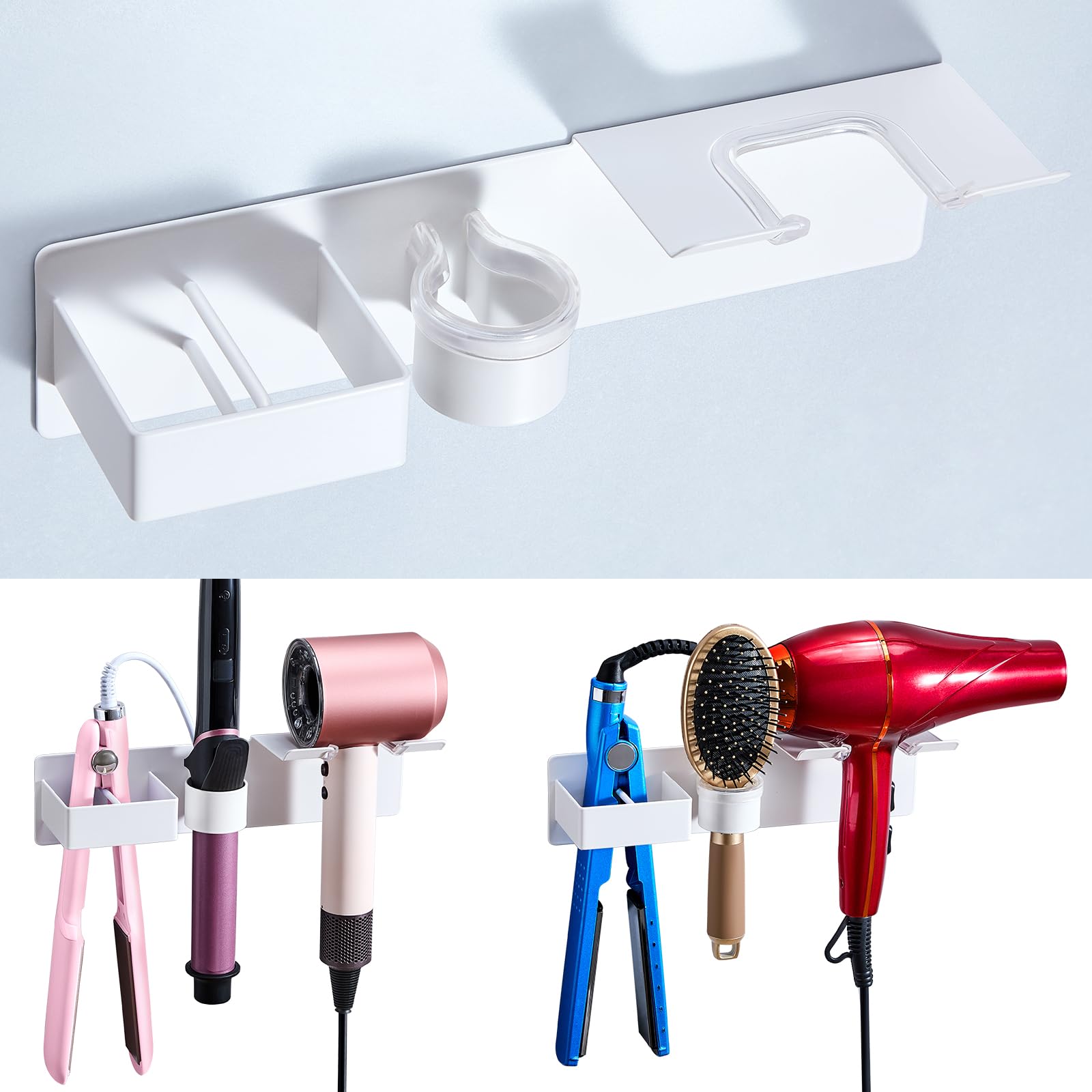 YYBO Hairdryer Holder Wall Mounted Hair Dryer and Straightener Holder, 3 in 1 Hair Tool Organiser for Curling Iron & Straightener & Hair dryer Holders Adhesive for Bathroom Dressing Table (White)