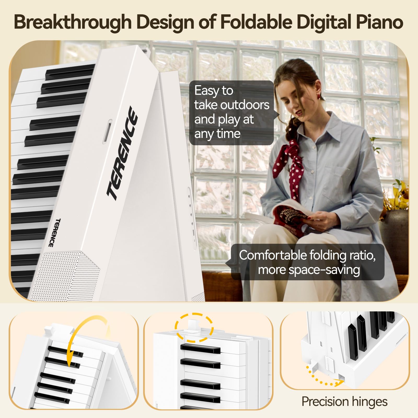 TERENCE Pieghevole Pianoforte Digitale 88 Tasti semi-pesati con batteria da 1800 mAh Altoparlanti 2x5W Bluetooth interfaccia MIDI supporto per spartiti Borsa Cavo audio con Pedale di sostegno Bianco