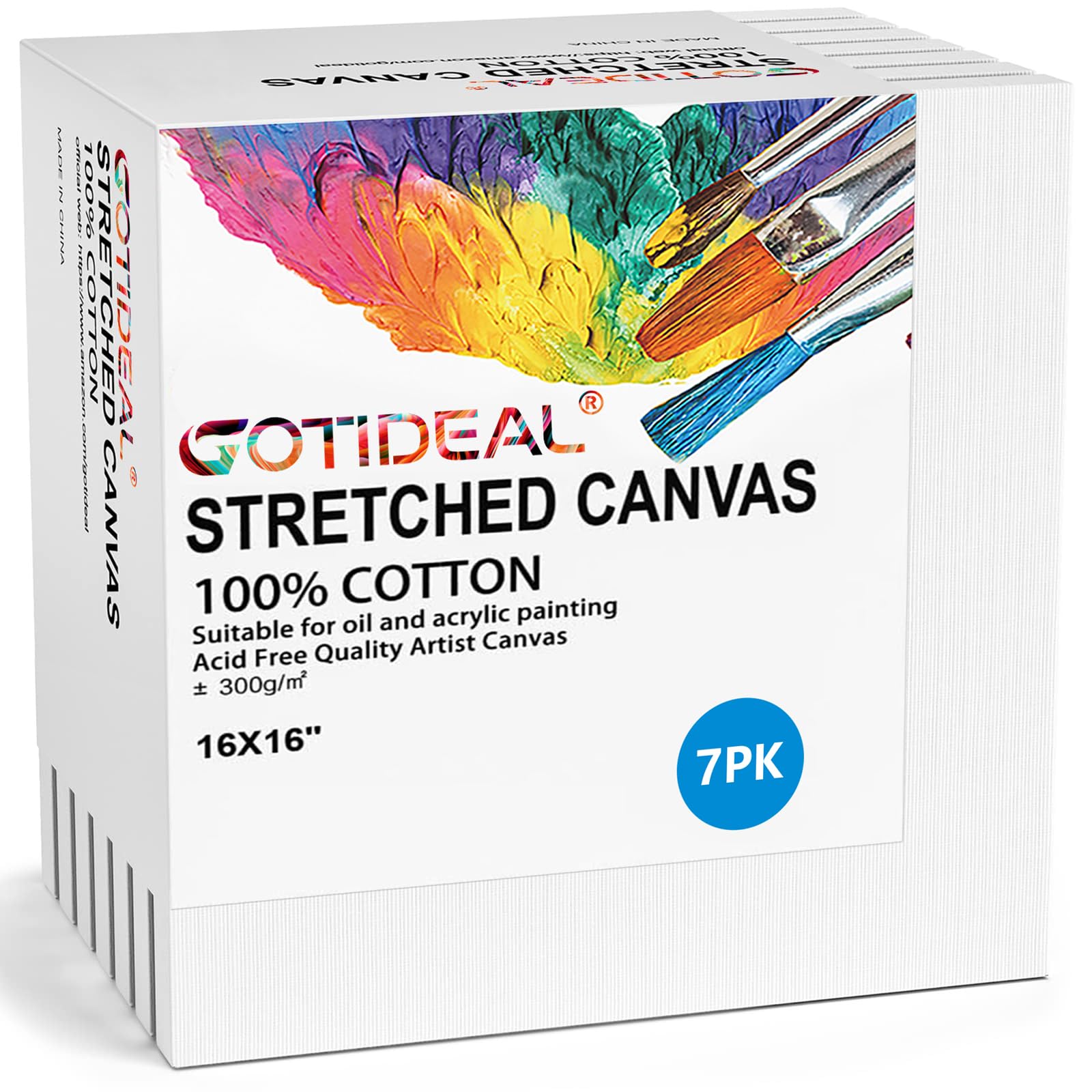 GOTIDEAL Stretched Canvases for Painting, 16x16 Inch Set of 7, Primed White
