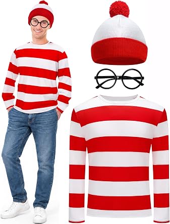 Snwquik 3 PCS Halloween Costumes for Men Adult,Red White Striped Shirt Set