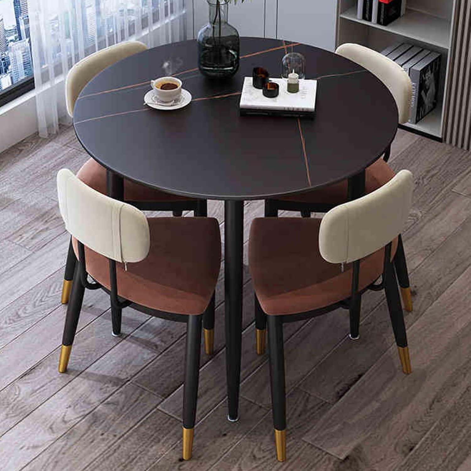 Office Reception Round Table with Chairs, Small Negotiation Table and Chair Set, Office Reception Room Club Table,Brown