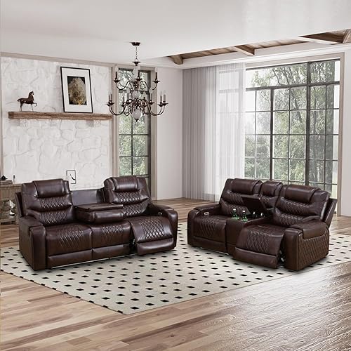 Juego de sofá reclinable eléctrico, reclinables de cuero con puertos USB integradosconsola de almacenamiento, juego de sofá reclinable para sala de