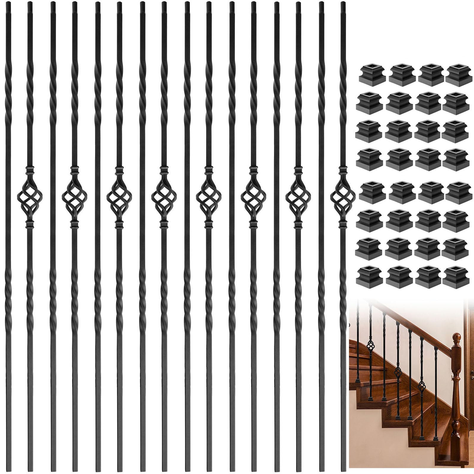 16-Pack Wrought Iron Balusters, 44" Iron Balusters for Staircase, Satin Black Metal Stair Spindles (8 Double Twist + 8 Single Basket)
