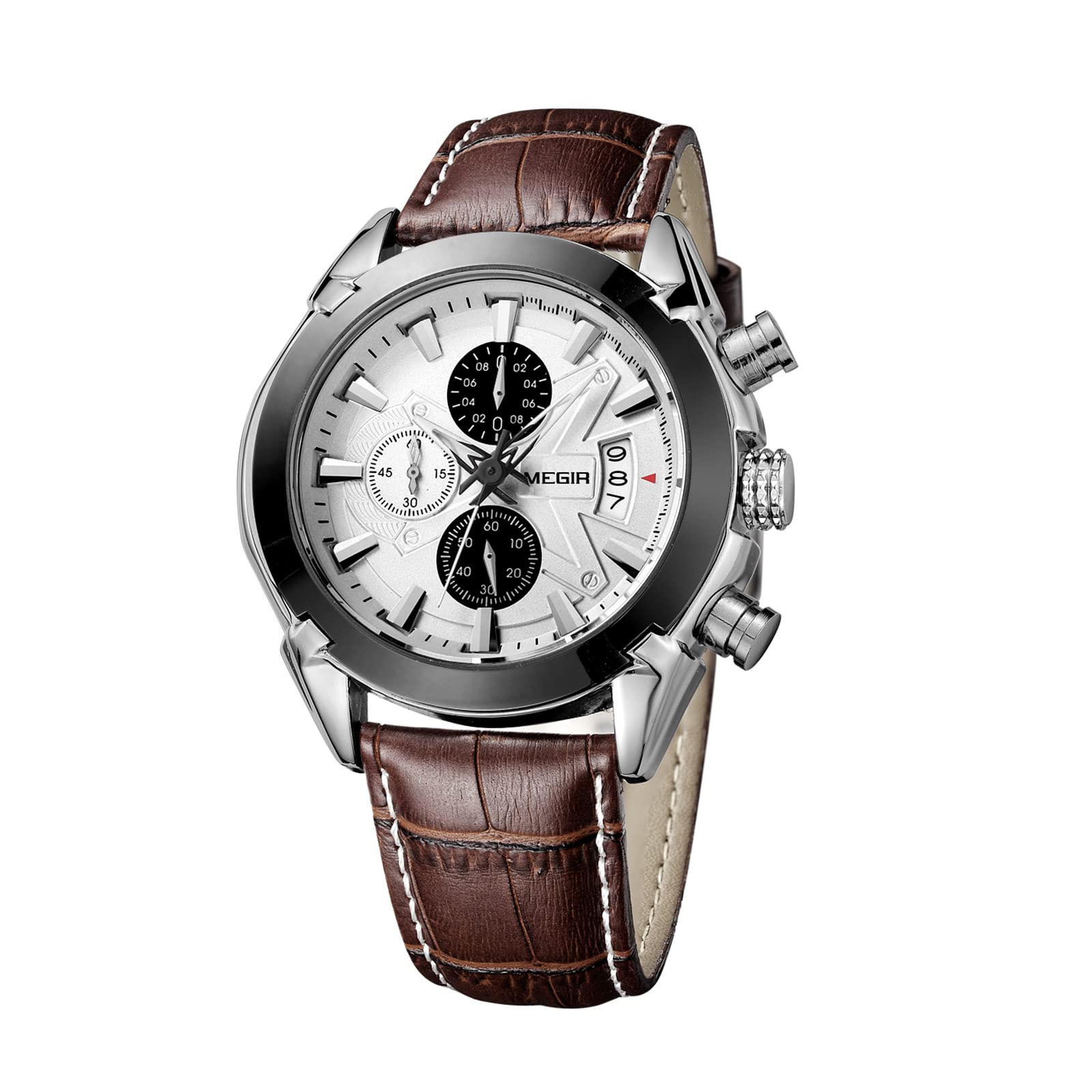 Wristwatch, Megir Branded Man Watch Genuine Leather Band 3 Small Dials Quartz Wristwatch Analog Display Date Chronograph Black/Brown Relogio Masculino