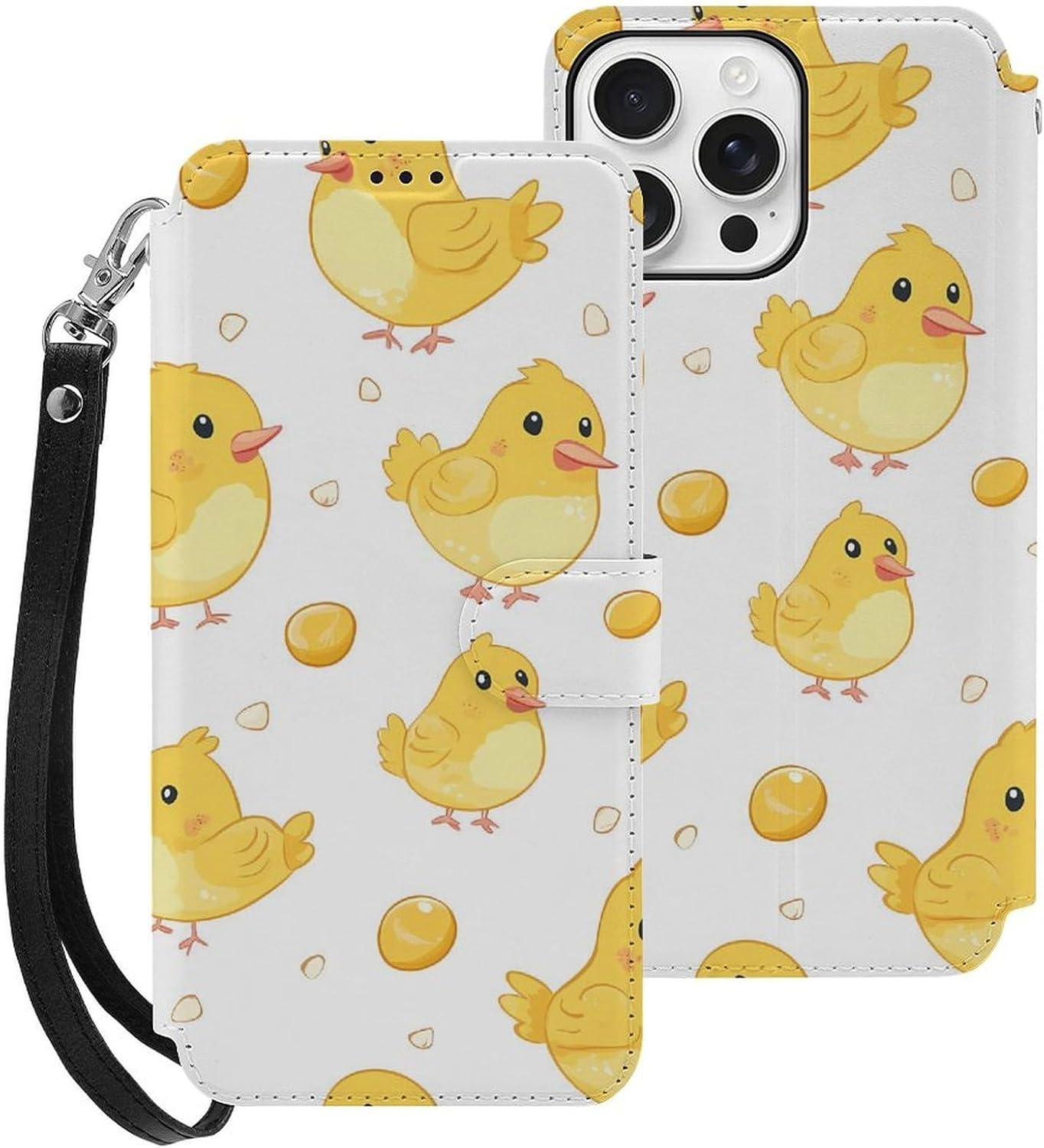 Yellow Easter Chick Chicken Compatible with iPhone 16/16 Plus/16 Pro/16 Pro Max/16 E Case Phone Wallet Card Holder Flip Cover with Wrist Strap