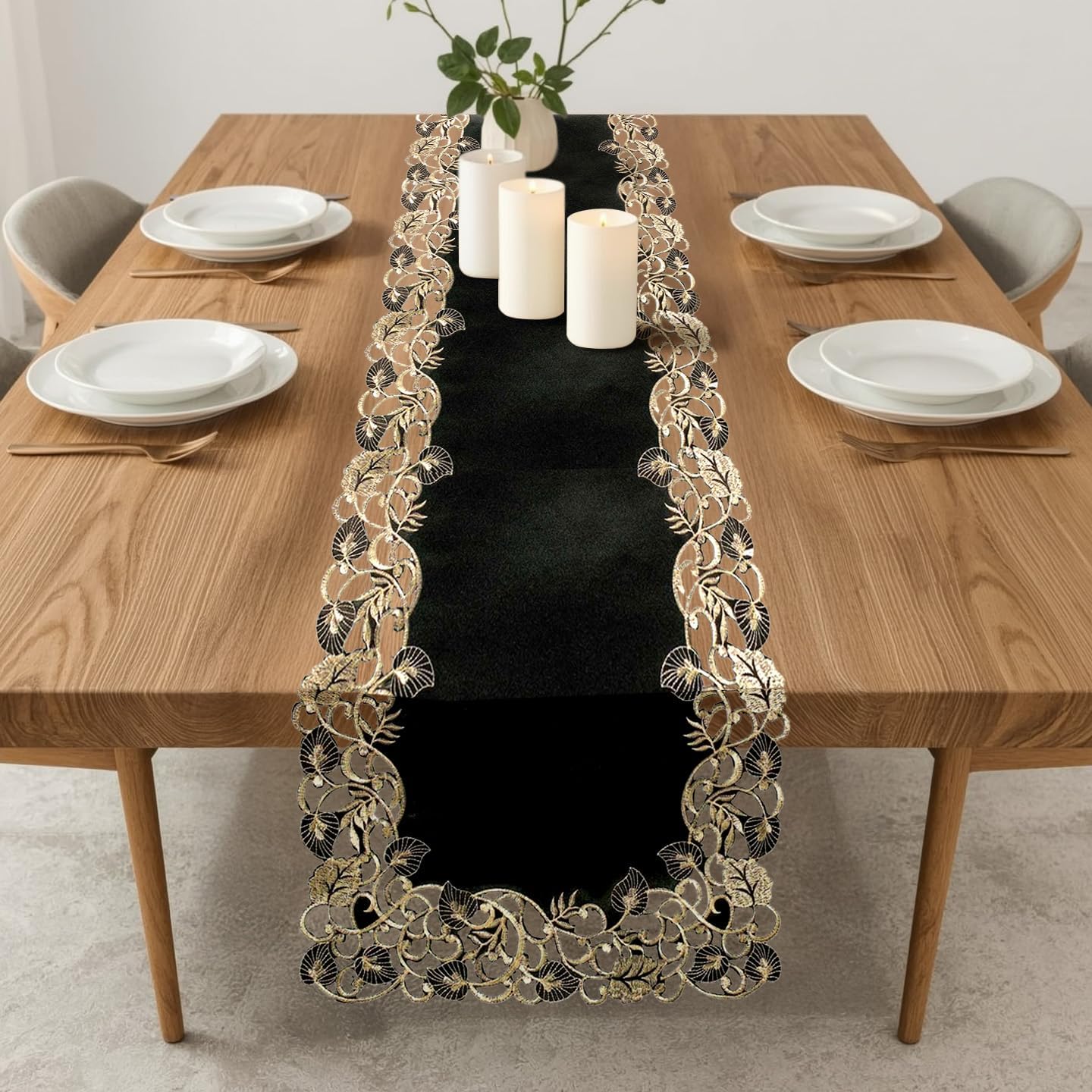 DECOZEN Gold Lace Black Christmas Table Runner – Embroidered Dining & Dresser Decor Scarf for Holiday Tables, Weddings & Parties – 14 x 108 in Elegant European Falling Tarantino Collection, Gift Idea
