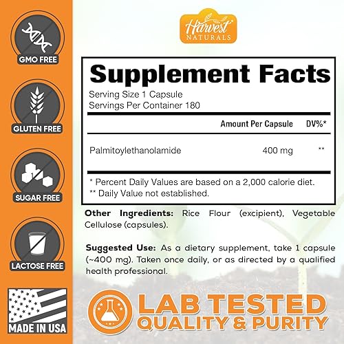 Miniatura 4 de Cápsulas de palmitoiletanolamida Guisante de 400 mg 180 píldoras Promueve la inflamación natural y el alivio de molestias Ingredientes probados