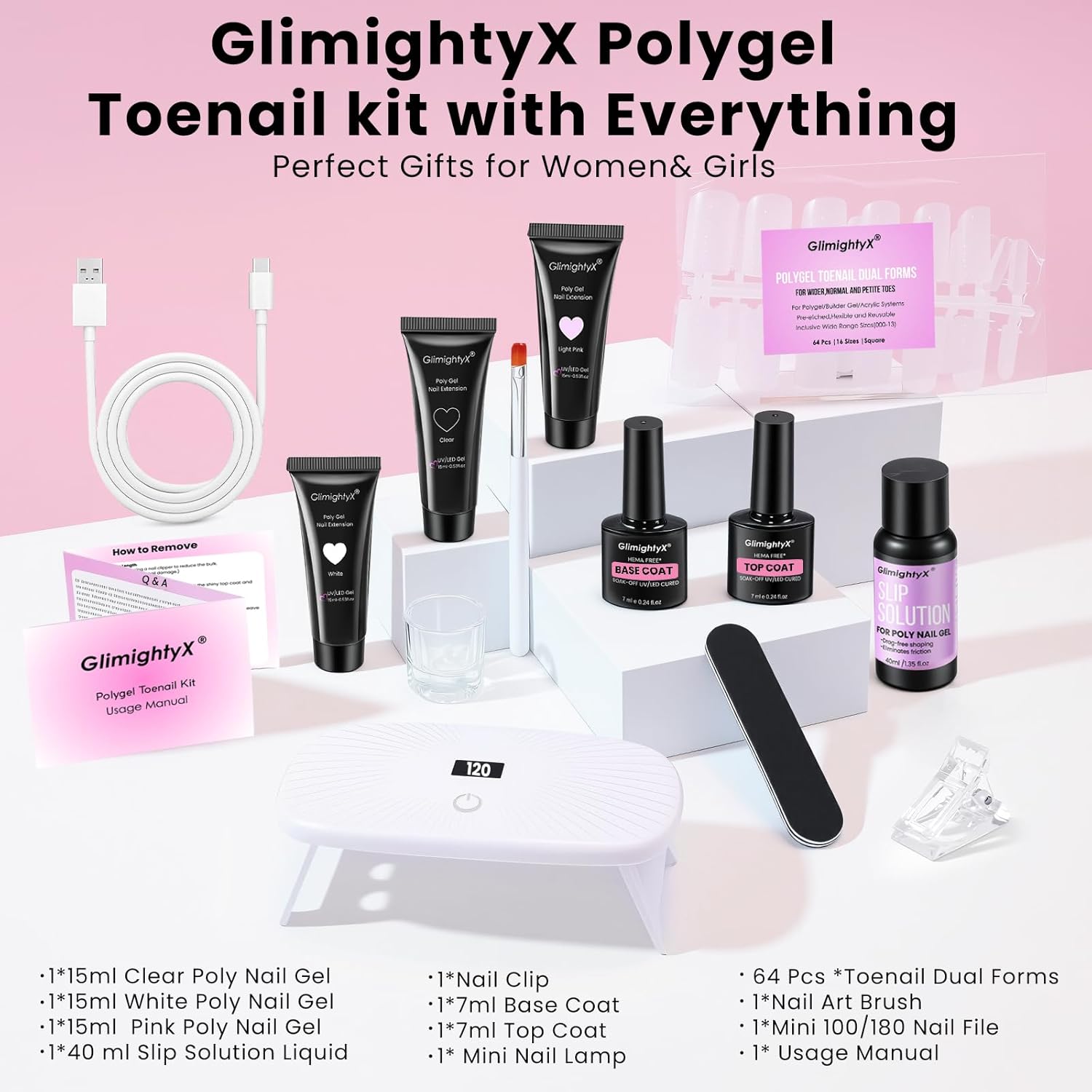Poly Gel Nail Kit for Toes with UV Light,GlimightyX Polygel Toenail Starter Kit with Everything ,3 Color Clear White Pink Poly Gel 40ml Slip Solution,Toenail Dual Forms Extension DIY Salon Home