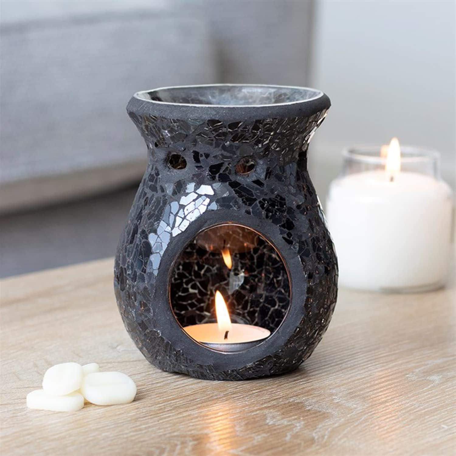Black Crackle Glass Oil Burner- Small, Lustre Mosaic Wax Melt Burner Single Tea Light Candle Holder Aroma Gift Lamp, for Women Men - Image 4