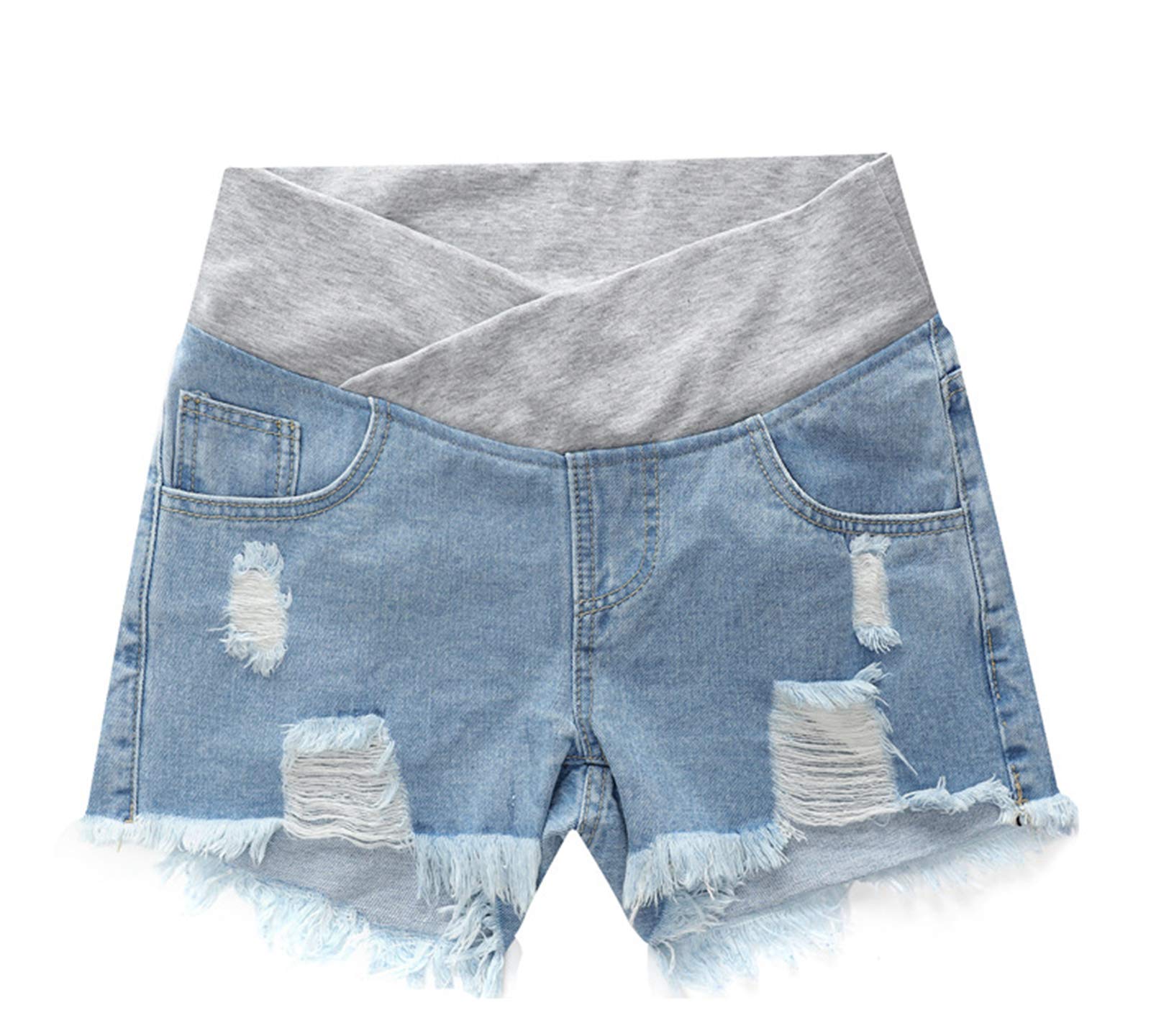 Kewing Women's Blue Summer Maternity Shorts - Pregnancy Clothes Denim Shorts Elastic Waist Jeans Shorts For Pregnant
