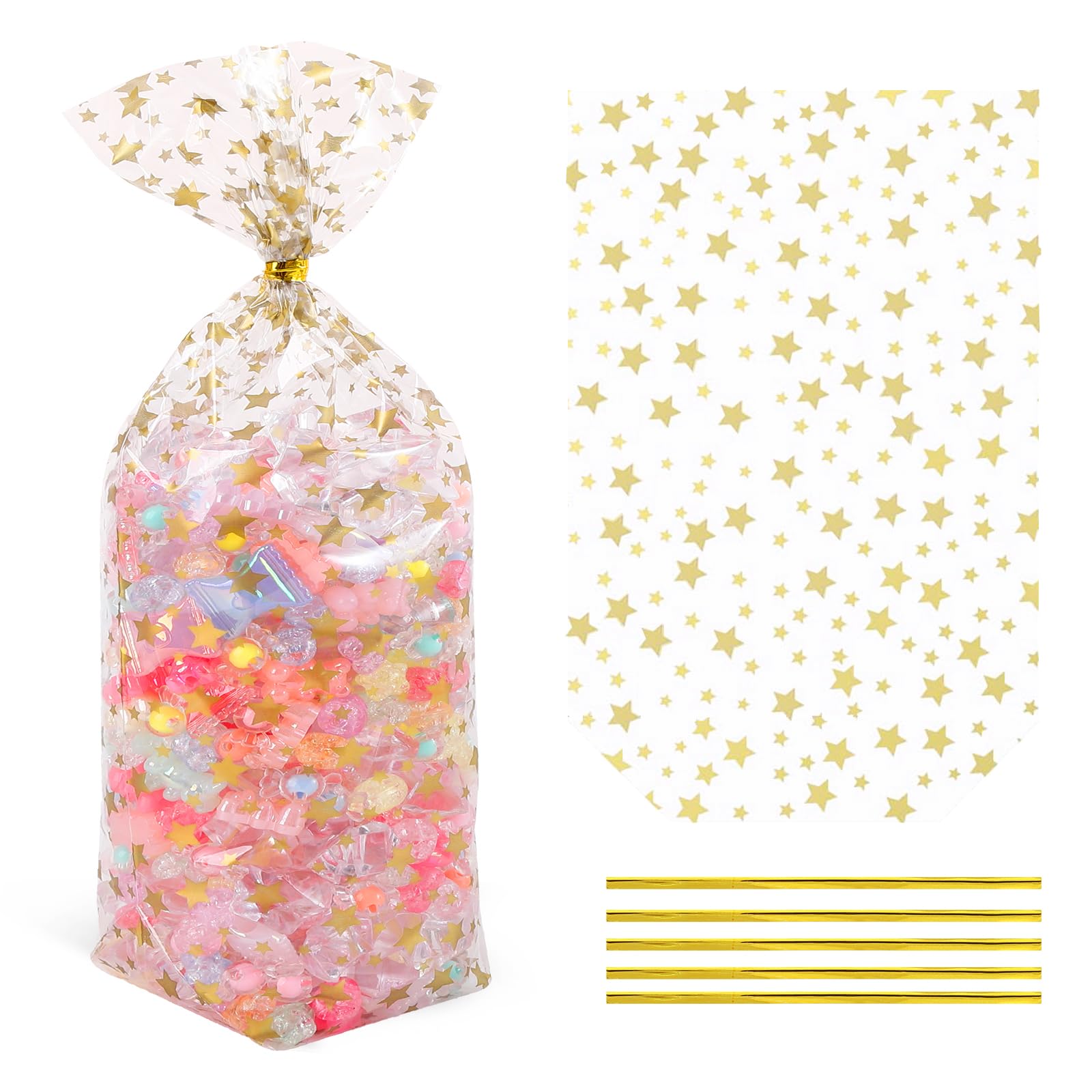 SOMIOCO Gold Star Flat Bottom Gusset Cellophane Bags 5X 11 IN 100 PCS Clear Cellophane Gift Bags Party Favor Bags Cello Cellophane Treat Goodie Bags