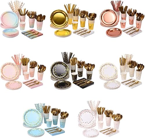 Miniatura 7 de YAOSHENG 201 piezas de suministros de fiesta de oro rosa, lunares de oro rosa en platos de papel blanco y servilletas, tazas de cubiertos que sirven
