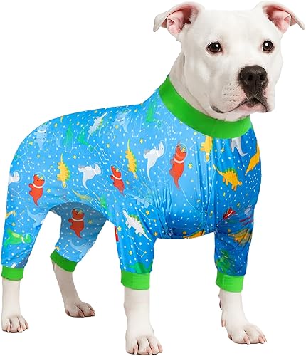 LovinPet Trajes para perros grandes, pijamas para perros grandes, tela ligera, estampado azul fintástico, ropa para perro, protección UV, ropa