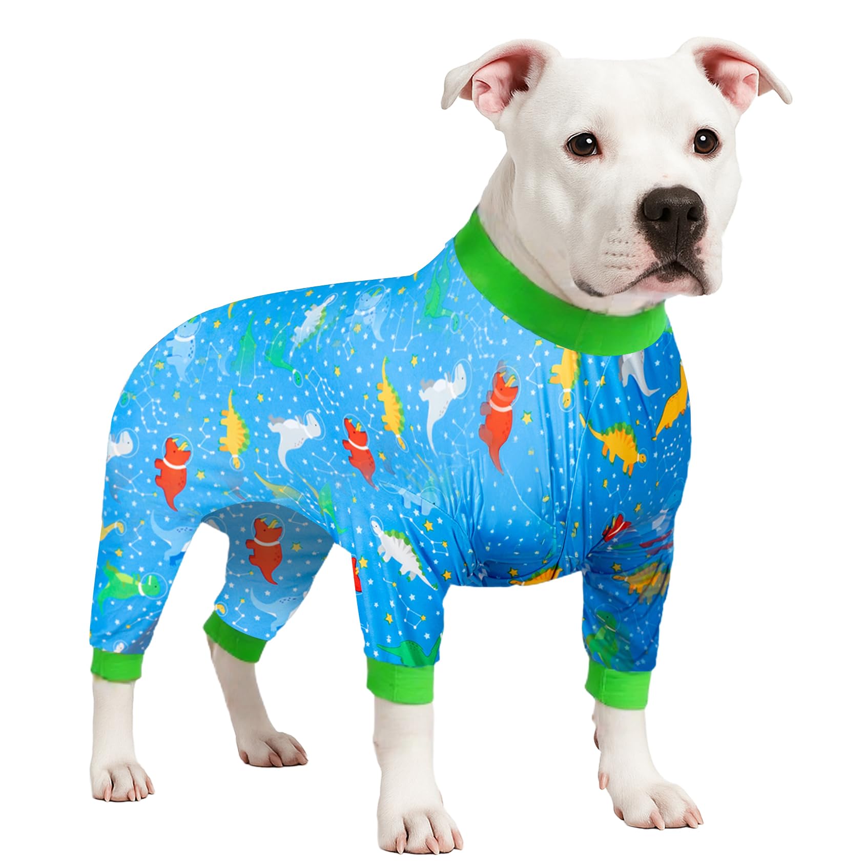LovinPet Dog Post Surgery Onesie - Large Dog Pjs, Lightweight Stretchy Fabric, Blue Dinosaur Print, Sun Protection, Pitbull Clothes, Pet Anxiety Relief Shirt, Pet Pajamas for Dogs, Green Blue XL