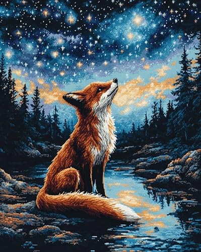 AxiangziK Cross Stitch Kits 30x40cm,The Fox Gazing at the Stars 11CT Printed Cross Stitch for Adults Beginners,Complete DIY Embroidery with Needles and Threads for Home Decor