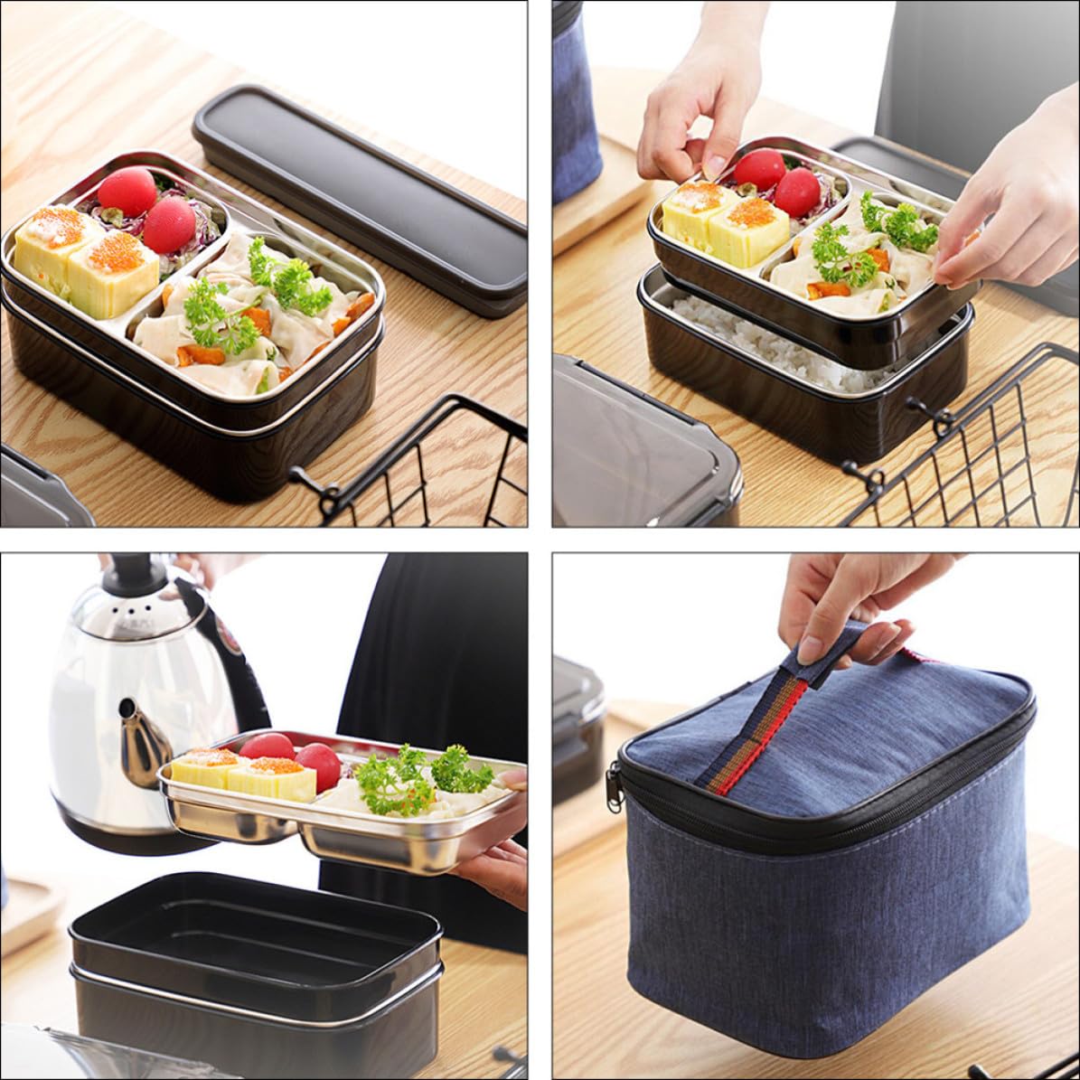 Caja Almuerzo Infantil de Acero Inoxidable con Compartimentos y Bolsa Portátil, Fiambrera Ligera Apta para Microondas con Vajilla Incluida