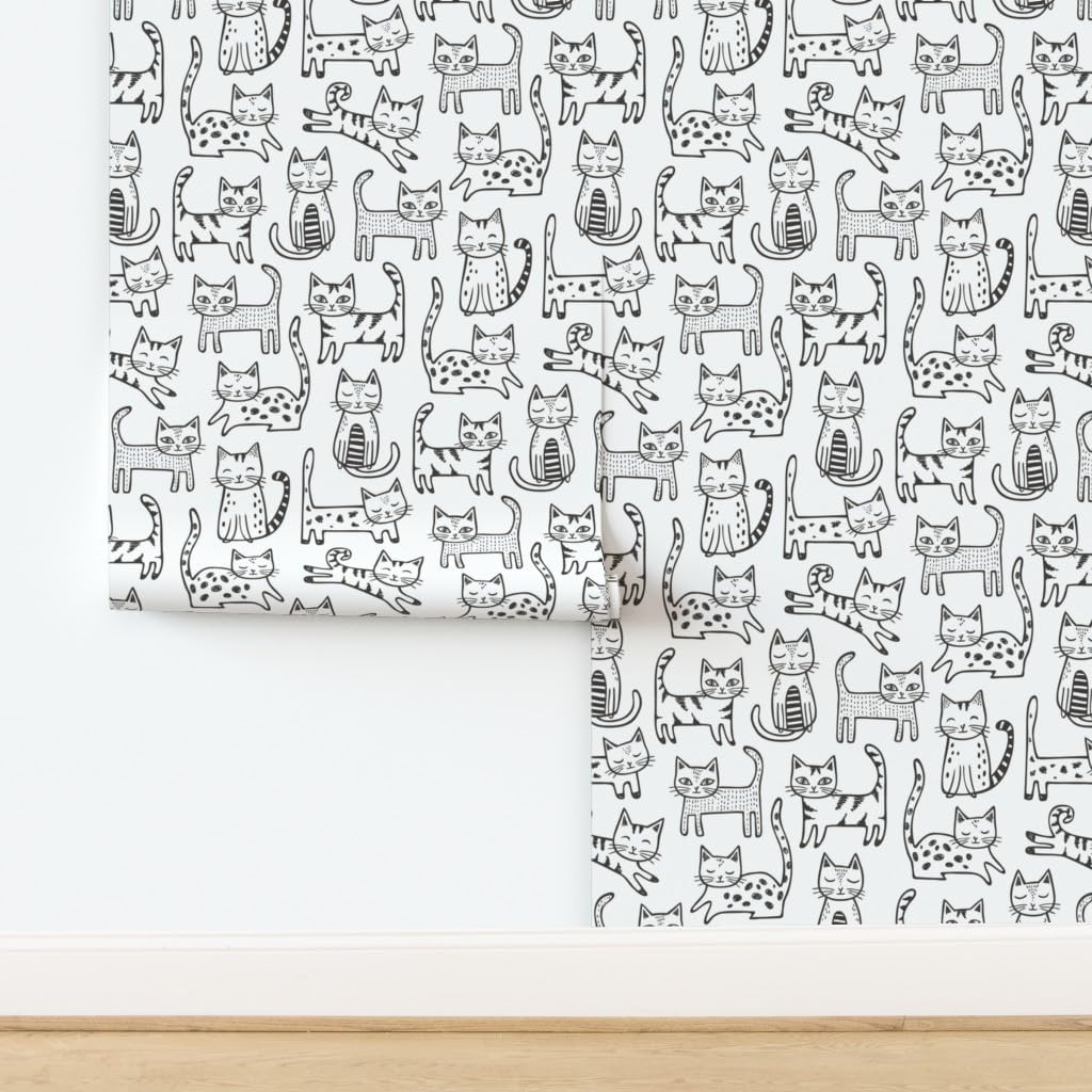 Peel & Stick Wallpaper 3ft x 2ft - Cats Stripes Kitten Geometric Cute Animals Black White Cat Kitty Custom Removable Wallpaper by Spoonflower