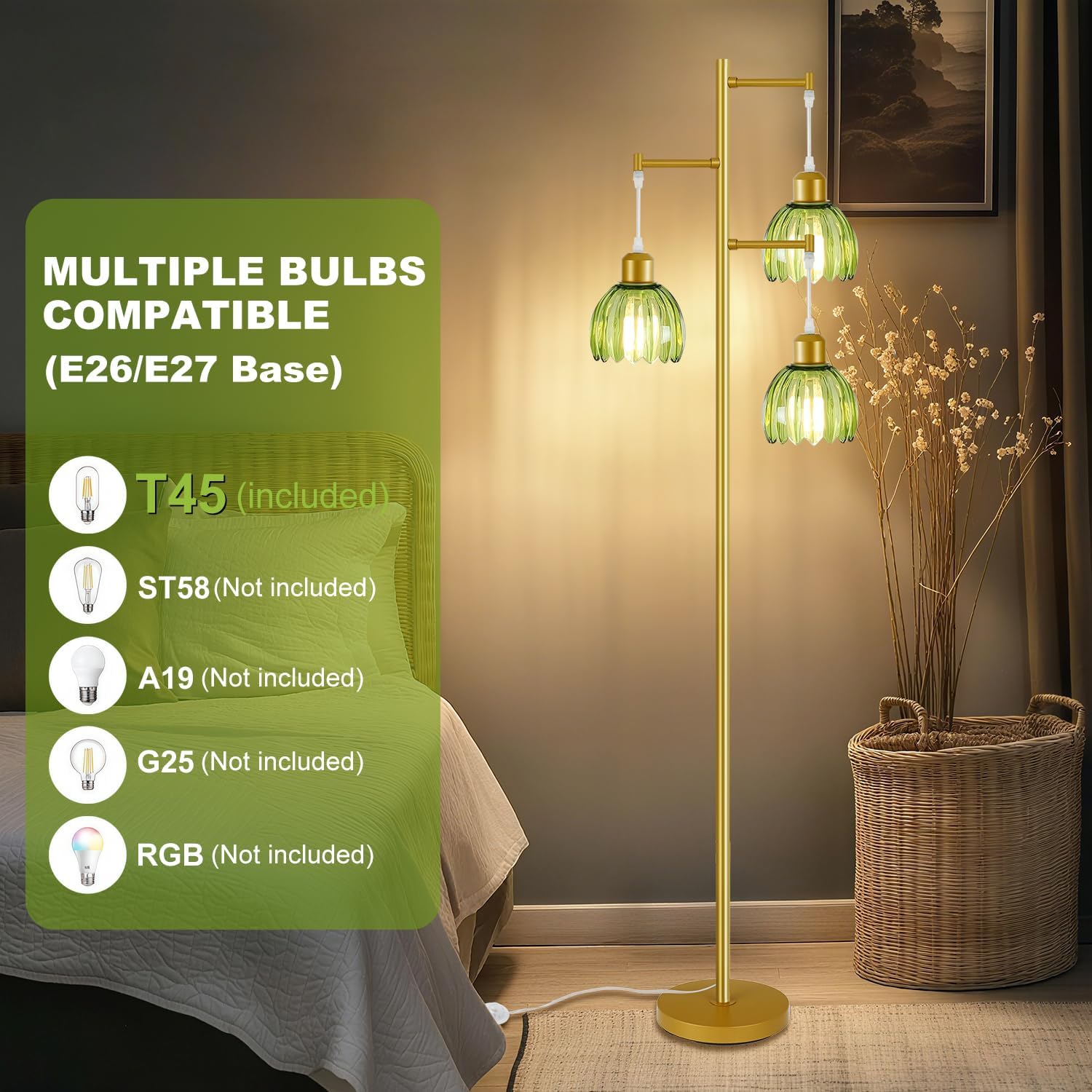 3 Light Flower Floor Lamps for Living Room,Modern Tree Floor Lamp with Foot Switch,Gold Floor Lamp with Glass Shade Vintage,Retro Standing Lamp Includes 3 Bulbs,Boho Tall Lamp for Bedroom Deco